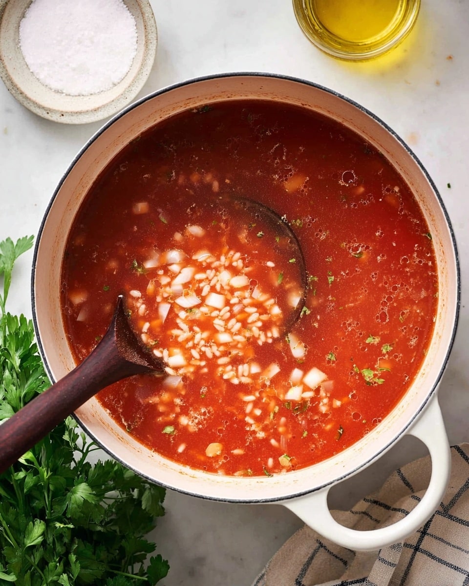 A white pot filled with a red tomato broth featuring small white onion pieces and tiny rice grains floating on the surface, with a dark wooden ladle stirring the mixture inside the pot. The pot is set on a white marbled surface, with a bundle of fresh green parsley near the handle, a small white bowl containing salt, and a glass container with yellow oil nearby. Photo taken with an iphone --ar 4:5 --v 7