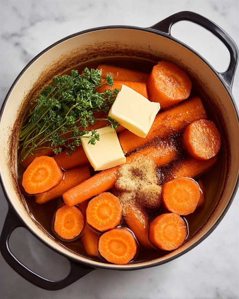 A white pot with black handles sits on a white marbled surface, filled with layers of thick, round slices of bright orange carrots. On top of the carrots, there is a square piece of light yellow butter, partially melted and surrounded by small piles of brown sugar and dark brown syrup spreading around the pot. The pot’s inside shows some light brown caramelized spots around the edges. Green carrot tops peek from the upper edge of the image. photo taken with an iphone --ar 4:5 --v 7