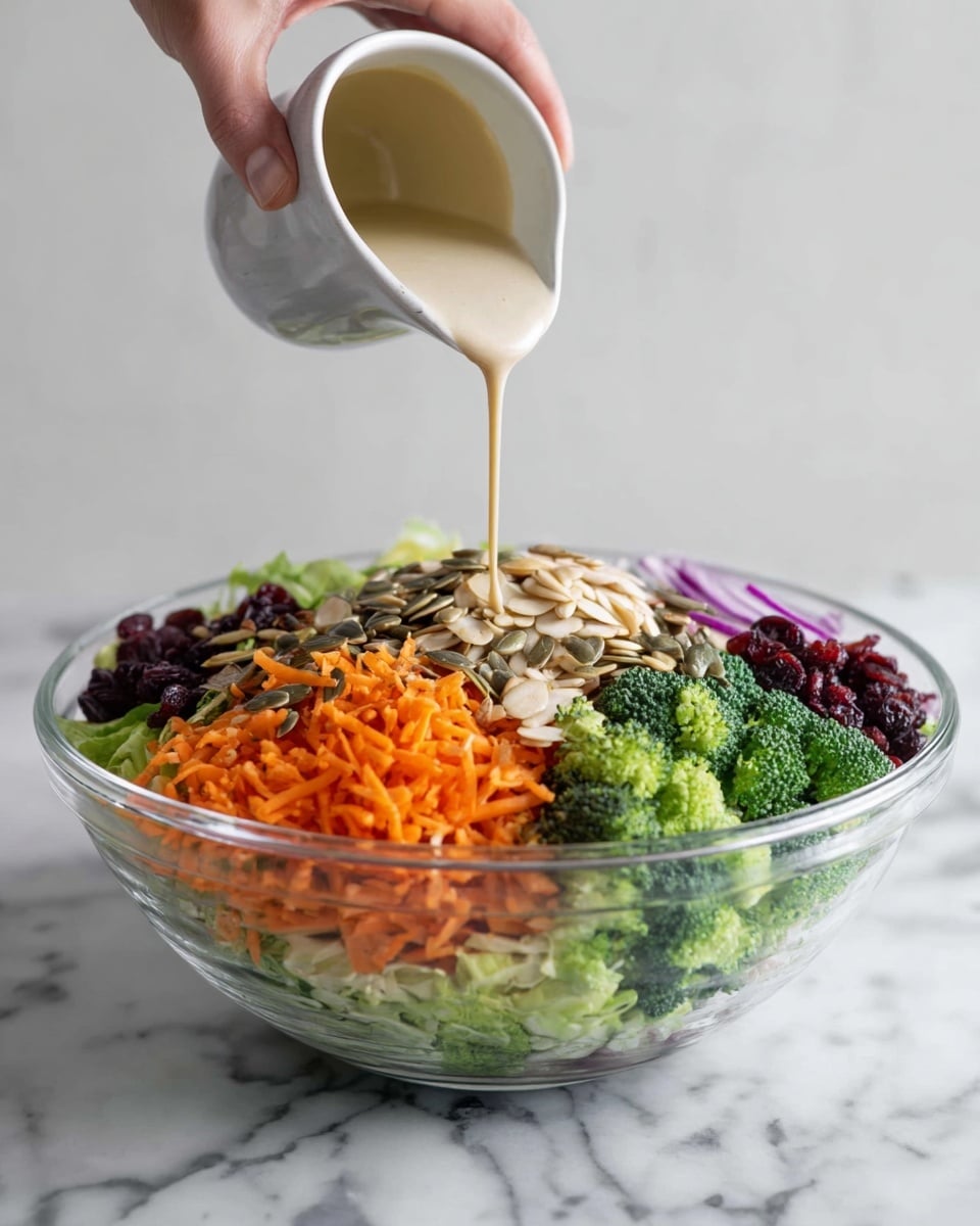 A clear glass bowl holds a colorful salad with many layers. At the bottom is a layer of green lettuce. Above that, there is a layer of orange shredded carrots on one side and light beige slivered almonds next to it. Next, bright green broccoli florets fill one section. Beside the broccoli, there are dark red dried cranberries and chopped light purple onions. On top in the center, there is a pile of sunflower seeds. A creamy light beige dressing is being poured over the seeds from a white ceramic cup held by a woman's hand. The bowl sits on a white marbled surface with a soft light background. photo taken with an iphone --ar 4:5 --v 7