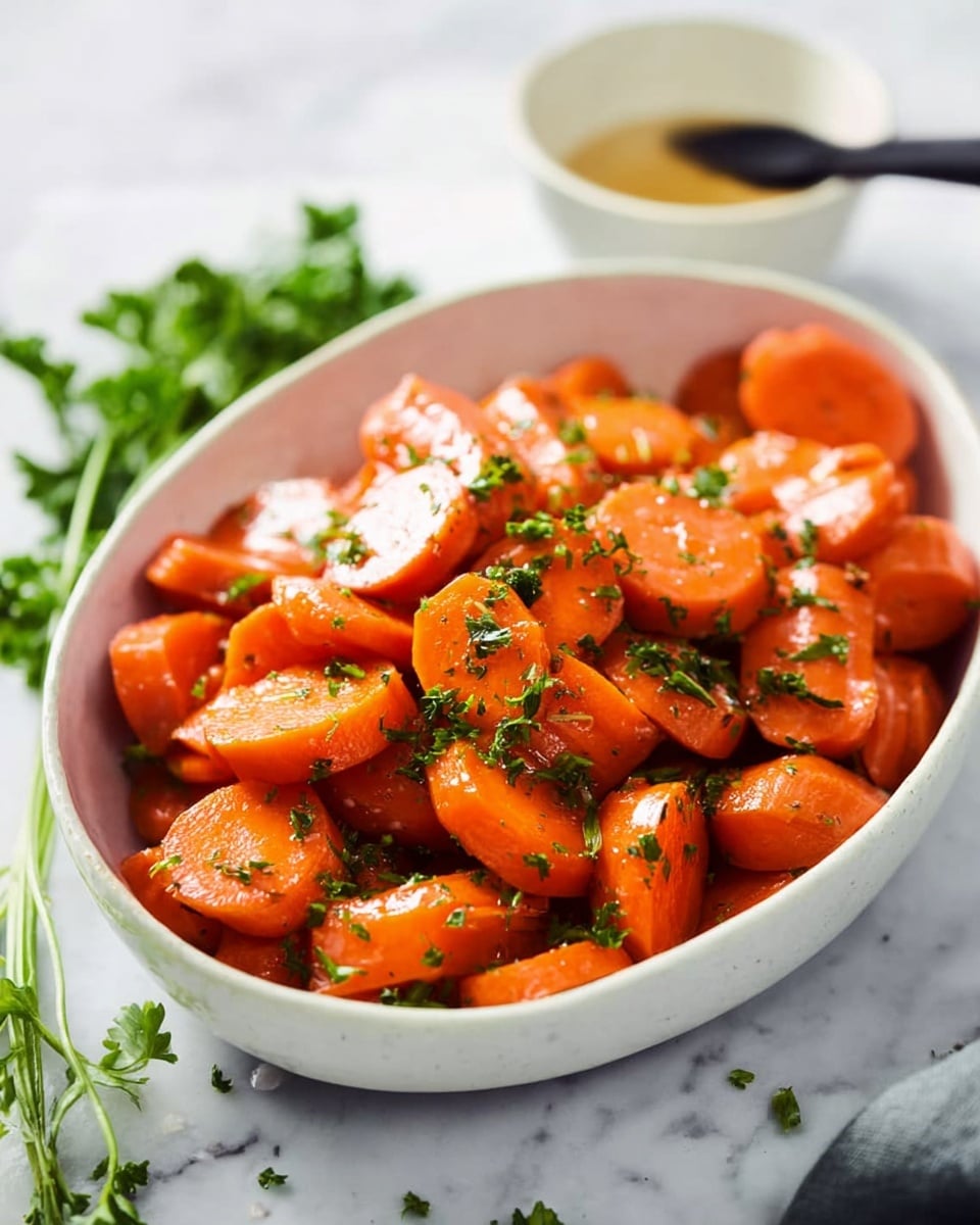 The image shows a white oval bowl filled with sliced cooked carrots in thick round and angled pieces. The bright orange carrots have a light shiny glaze and are sprinkled with small green parsley flakes. The bowl sits on a white marbled surface with fresh green parsley off to the side and a white bowl with light sauce and a black spoon blurred in the background. photo taken with an iphone --ar 4:5 --v 7