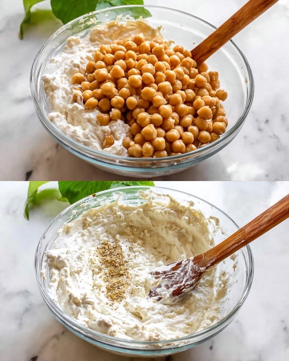 The first image shows a clear glass bowl on a white marbled surface, filled with a creamy white mixture layered with many round, light brown chickpeas piled on top. The second image shows the same bowl and surface, but the chickpeas are mixed into the creamy white mixture, creating a thick, textured blend with specks of seasoning visible, and a wooden spatula resting inside the bowl. Bright green leaves are visible softly in the background. Photo taken with an iphone --ar 4:5 --v 7