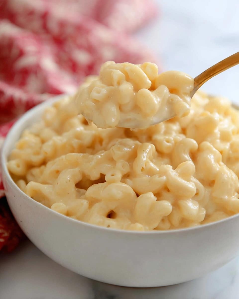 The image shows a close-up of a white bowl filled with creamy macaroni and cheese. The macaroni is elbow-shaped, coated in a smooth, pale yellow cheese sauce with a slightly shiny texture. A golden spoon is scooping some of the cheesy macaroni, lifting it above the bowl. The background has a white marbled texture, and a blurred red and white cloth is visible behind the bowl. Photo taken with an iphone --ar 4:5 --v 7