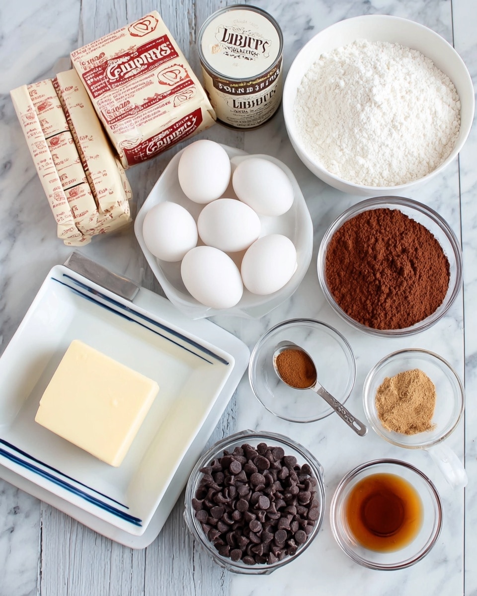 The image shows baking ingredients arranged neatly on a white marbled surface. There is a small rectangular block of white cream cheese placed on a white rectangular plate with blue stripes. Next to it are two sticks of unsalted butter wrapped in paper with red writing, and three white eggs are lined up horizontally. A can of Libby's pumpkin is present, along with a white bowl filled with white granulated sugar and a white measuring cup holding white flour. A white bowl is filled with brown cocoa powder, and a small clear glass bowl contains vanilla extract. Another clear bowl is filled with dark chocolate chips, with a tiny white measuring spoon holding light brown powder placed near it. There are two small glass containers holding ground cinnamon and ground ginger. Everything is cleanly arranged, bright, and ready for baking. Photo taken with an iphone --ar 4:5 --v 7