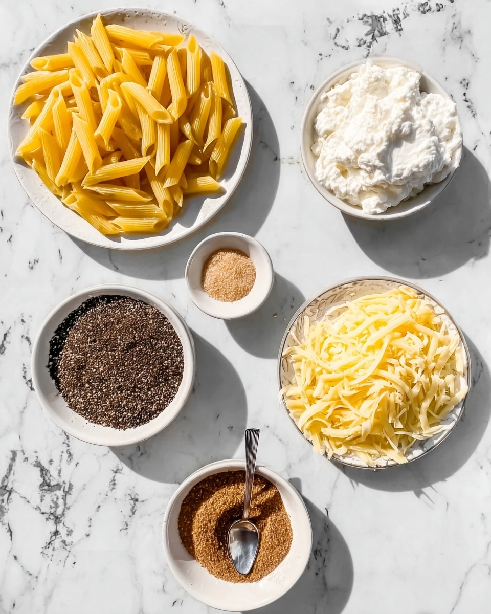 The image shows six white bowls and plates placed on a white marbled surface. In the top left, there is a white plate filled with yellow penne pasta. Next to it, in the top center, a white bowl is filled with light brown coarse sugar. On the top right, a white bowl contains white, soft ricotta cheese. At the bottom left, a white bowl holds dark ground black pepper. In the bottom center, there is another white bowl with a brown powdered spice and a small spoon inside. On the bottom right, a white bowl contains shredded pale yellow cheese. All items are spread evenly with clear spaces between them, and the light creates soft shadows around the bowls and plates. Photo taken with an iphone --ar 4:5 --v 7