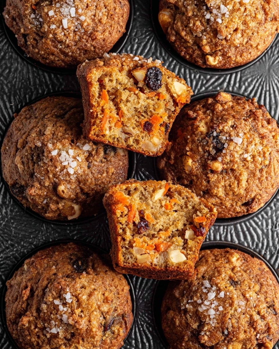 A close-up of seven carrot muffins arranged in a black muffin tray with a textured pattern. The muffins have a rough, golden-brown top sprinkled with large sugar crystals. One muffin is broken in half, showing the inside layers with visible bits of grated orange carrot, dark raisins, and small chunks of light-colored nuts, all inside a moist, crumbly batter. The black muffin tray contrasts with the white marbled background just visible around the edges. Photo taken with an iphone --ar 4:5 --v 7