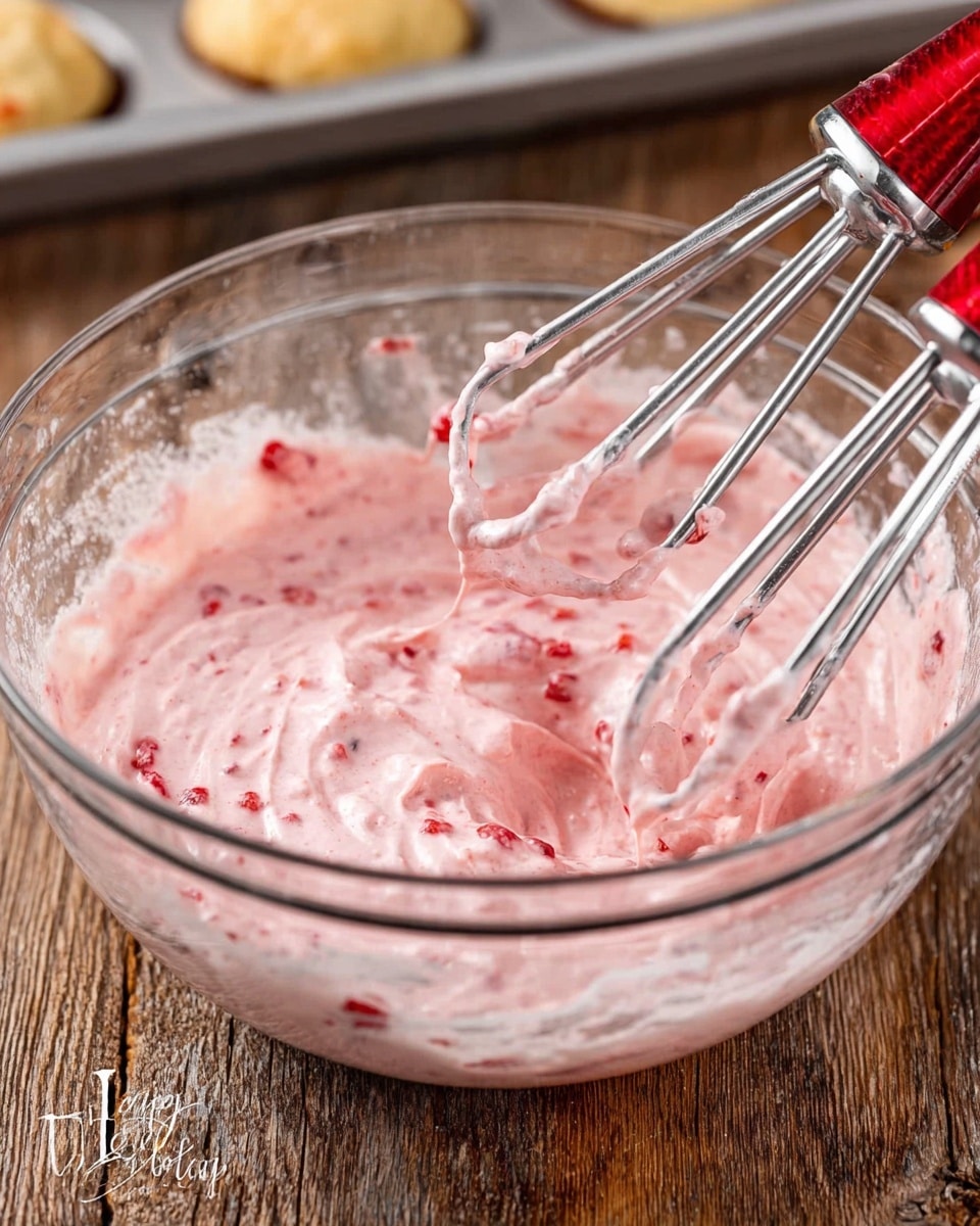 A clear glass bowl sits on a wooden surface, filled with a pink creamy mixture with visible small red pieces of fruit mixed evenly throughout. Two silver beaters from a red and silver electric mixer are partially immersed in the thick, slightly textured mixture, with some of it clinging to the beaters. The background shows a metal tray with baked goods blurred out. photo taken with an iphone --ar 4:5 --v 7