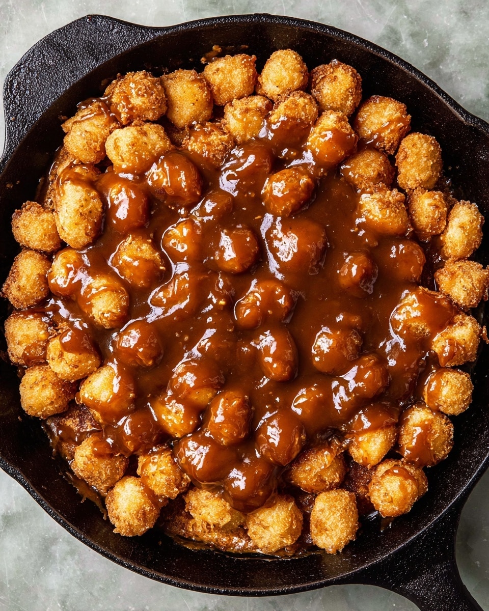 The image shows a black cast-iron skillet filled with small, round, golden-brown fried pieces layered closely together, covering the whole pan bottom. On top, there is a thick, glossy, rich brown sauce generously poured over the fried pieces, creating a shiny texture that contrasts with the crispy coating underneath. The skillet sits on a white marbled texture surface, and no other items or decorations are visible around it. photo taken with an iphone --ar 4:5 --v 7