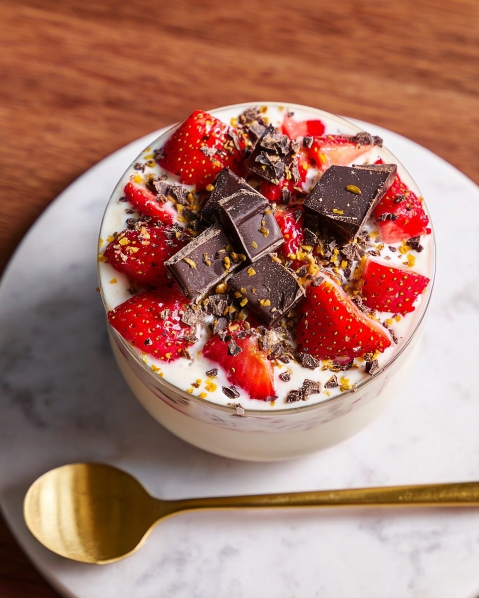 A white bowl filled with a creamy white base, topped with bright red chopped strawberries scattered across the surface. Large dark chocolate chunks are mixed in with small black pieces and golden yellow seeds sprinkled evenly, creating a colorful and textured layer on top. The bowl is placed on a white marbled surface, and a shiny gold spoon with a long handle lies beside it. Photo taken with an iphone --ar 4:5 --v 7