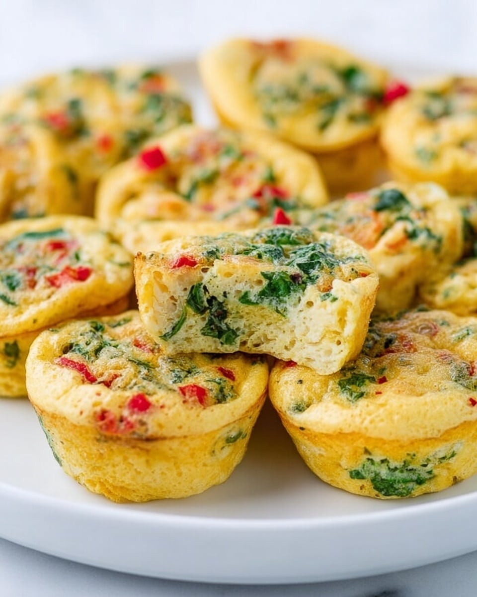 A white plate is filled with small, round egg muffins that have a light golden yellow color. Each muffin is filled with visible bits of green leafy vegetables and small red pieces, giving a colorful look inside and on top. The texture looks soft and slightly spongy, with some muffins cut in half to show the inside. The plate sits on a white marbled surface. photo taken with an iphone --ar 4:5 --v 7