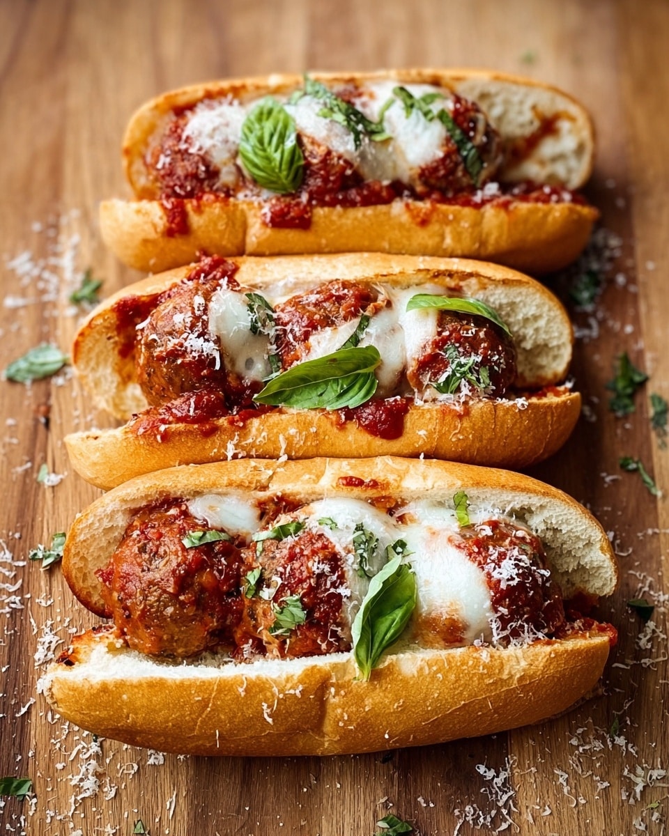 Three meatball sandwiches lie side by side on a wooden surface. Each sandwich is made with a light brown soft roll, split open to hold three large meatballs covered in thick red tomato sauce. On top of the meatballs are white melted cheese spots, slightly browned on edges. Fresh green basil leaves are scattered across the sandwiches, and a light sprinkle of grated white cheese dusts the rolls and the wooden surface. Small bits of green herbs add tiny specks of color around. The bread looks soft and slightly shiny from baking. Photo taken with an iphone --ar 4:5 --v 7