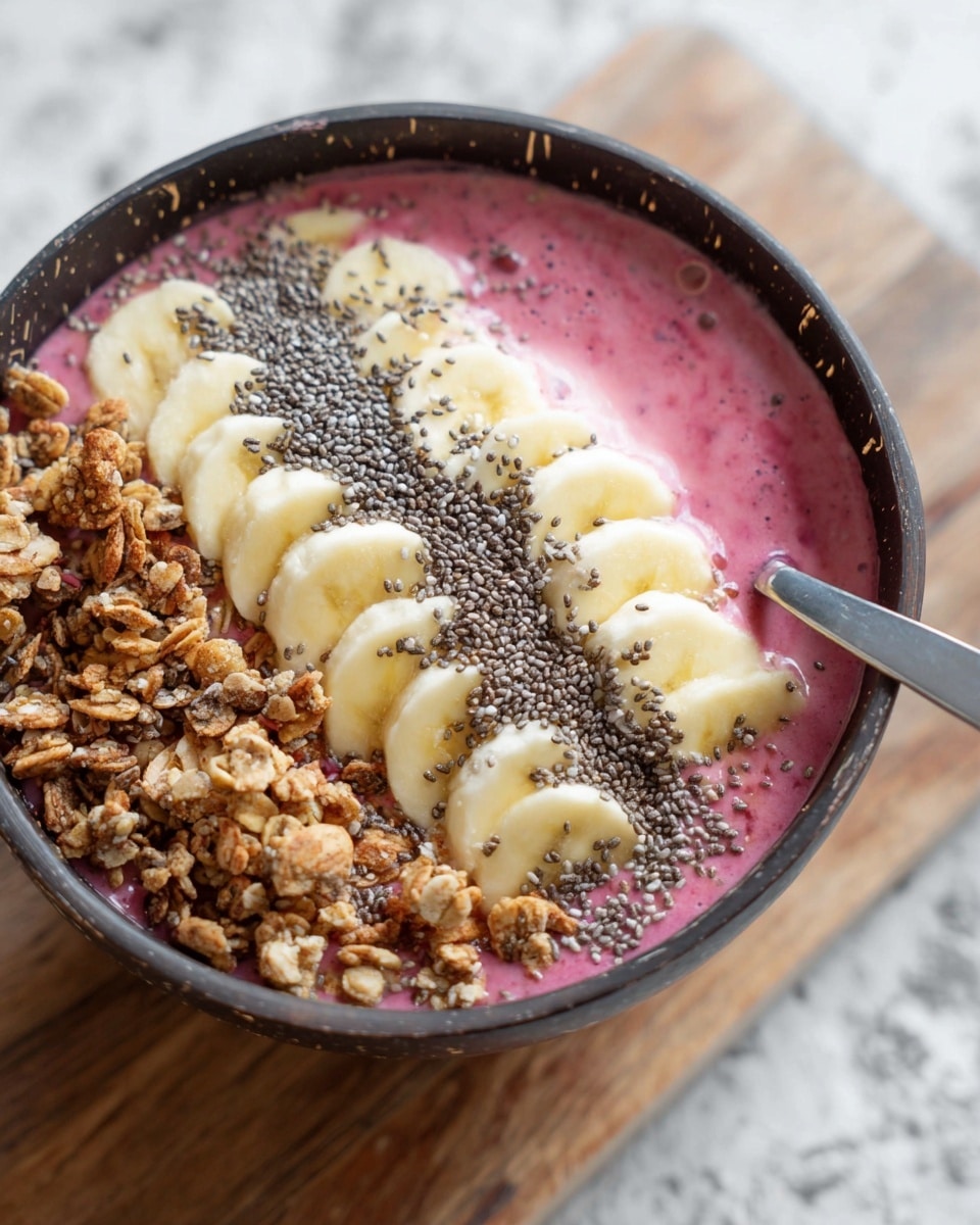 A bowl with a dark exterior filled with a thick pink smoothie. On top, there is a row of sliced banana pieces forming the first layer with small black chia seeds sprinkled over them. Next to the bananas, there is a layer of crunchy light brown granola clusters. The bowl sits on a wooden surface with a white marbled texture background, and a spoon sticks out on the right side. photo taken with an iphone --ar 4:5 --v 7
