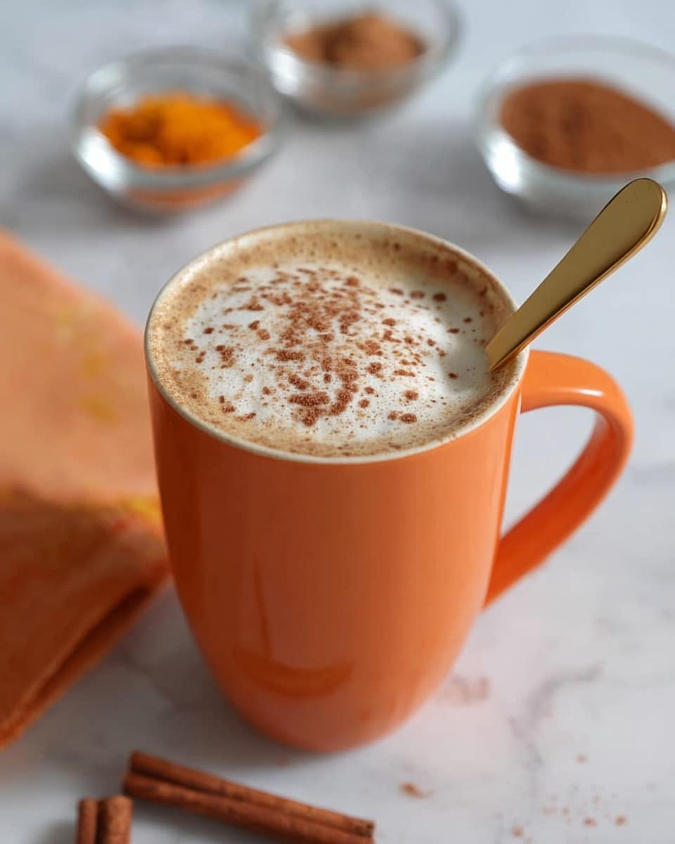 A tall orange cup filled with a frothy light brown drink topped with white foam sprinkled with brown powder. A golden spoon rests inside the cup’s rim on a white marbled surface. In the blurry background, there are clear small bowls with brown and orange powder and two cinnamon sticks lying on the surface. Photo taken with an iphone --ar 4:5 --v 7