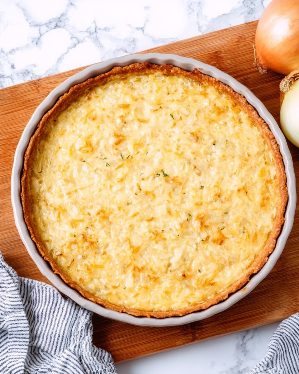 A single-layer round tart with a golden brown crust neatly raised around the edge, filled evenly with a creamy, pale yellow mixture with a slightly textured surface that shows small bits of cooked onion underneath the smooth top layer. The tart is placed in a white ceramic dish with a subtle light grey rim, set on a wooden cutting board which rests on a white marbled surface. Nearby, part of a striped cloth and a whole yellow onion sit on the marble backdrop. Photo taken with an iphone --ar 4:5 --v 7