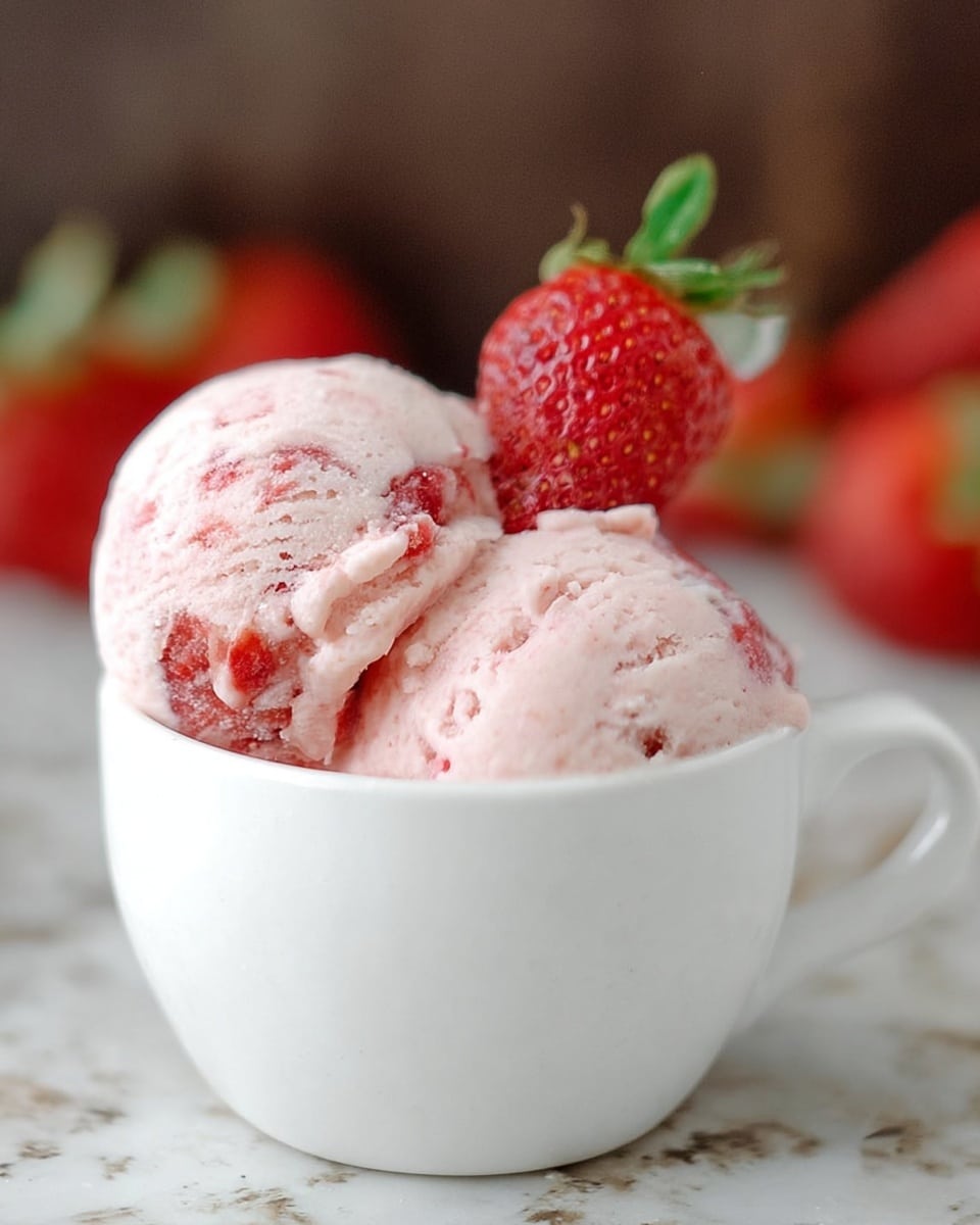 A white cup filled with two large scoops of soft pink strawberry ice cream, showing small chunks of red strawberries mixed inside. On top, there is a fresh whole strawberry with a green leaf, slightly leaning to the side. The cup is placed on a white marbled texture, with blurred strawberries in the background, adding a fresh and natural look. The ice cream looks creamy and smooth with light frost on the surface. photo taken with an iphone --ar 4:5 --v 7