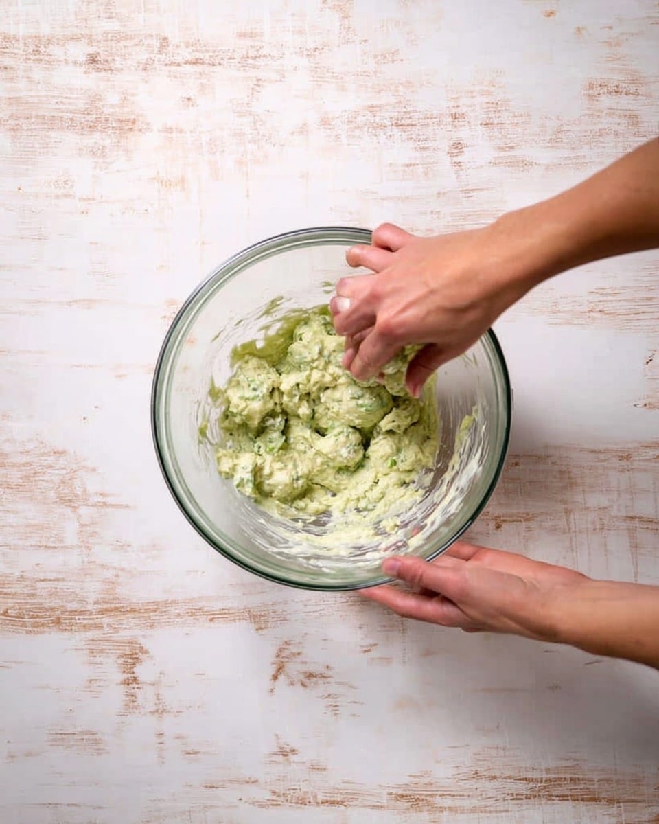 A top view of a woman's hand mixing a light green creamy mixture with visible small chunks in a large clear glass bowl. The woman's other hand is holding the bowl steady. The bowl is placed on a white marbled surface with faint grey veins visible, giving a clean and bright look. Photo taken with an iphone --ar 4:5 --v 7