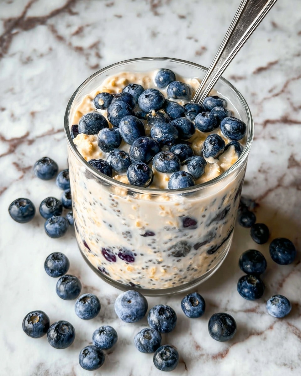 A clear glass filled with several layers of creamy white yogurt mixed with oats and chia seeds and scattered blueberries. The yogurt mixture has a thick, textured look with small bits of oats visible throughout, and the blueberries are deep blue and plump. The top of the spoon is held above the glass, full of the same mixture with a single blueberry resting on it. More blueberries are scattered on the white marbled surface under the glass. photo taken with an iphone --ar 4:5 --v 7