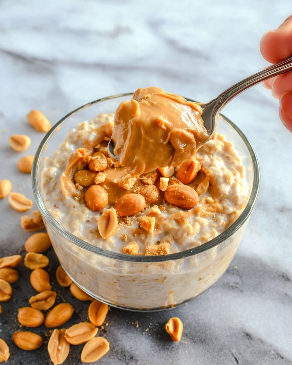 A clear glass bowl filled with creamy beige oatmeal mixed with small chia seeds and bits of oats, topped with a smooth swirl of light brown peanut butter and several whole roasted peanuts placed on top; the bowl is set on a dark textured surface scattered with more roasted peanuts around it, all shown from above; photo taken with an iphone --ar 4:5 --v 7