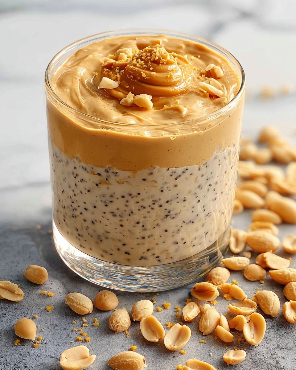 A clear glass bowl filled with a creamy oatmeal mixture that has a light beige color and soft texture, topped with a thick layer of smooth, light brown peanut butter spread unevenly. Scattered on top of the peanut butter are several whole, roasted peanuts with a warm golden brown color, adding a crunchy texture contrast. The bowl sits on a white marbled surface, with more peanuts casually spread around the base. A silver spoon is dipped into the bowl, held by a woman's hand, lifting some of the oatmeal and peanut butter. photo taken with an iphone --ar 4:5 --v 7