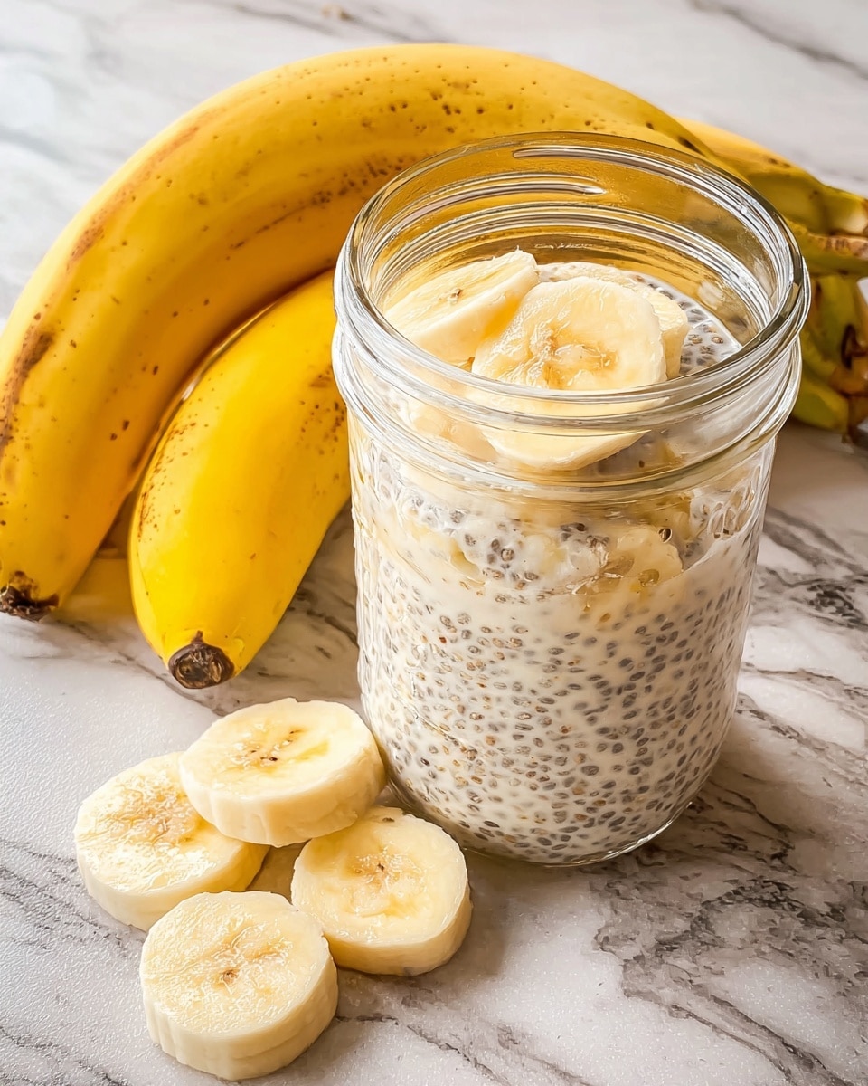 A clear glass jar is shown filled about three-quarters with a light creamy mixture speckled with tiny black chia seeds, giving it a textured look. Inside the jar, slices of pale yellow banana are pressed against the glass, partially immersed in the chia pudding. The jar sits on a white marbled surface. Around the jar, there is a bunch of three whole yellow bananas with brown spots leaning behind it, and in front, a peeled banana lies on the surface with several round banana slices placed near it, showing soft, smooth textures in light cream and yellow shades. The photo taken with an iphone --ar 4:5 --v 7