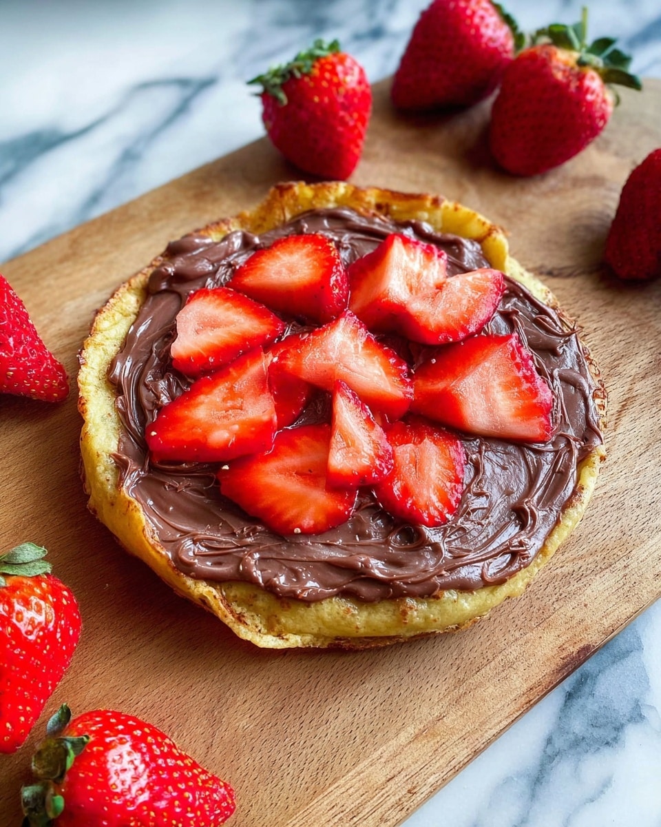 A single, round, golden-brown pancake serves as the base layer with a slightly uneven edge. The pancake is covered with a smooth, thick layer of dark brown chocolate spread that has visible swirls and glossy texture. On top, there are about nine bright red strawberry slices placed unevenly, showing the juicy and fresh insides of the fruit. Surrounding the pancake on a wooden surface are whole and halved strawberries, adding a pop of red color around the main dish. The overall setting is on a white marbled texture background. photo taken with an iphone --ar 4:5 --v 7