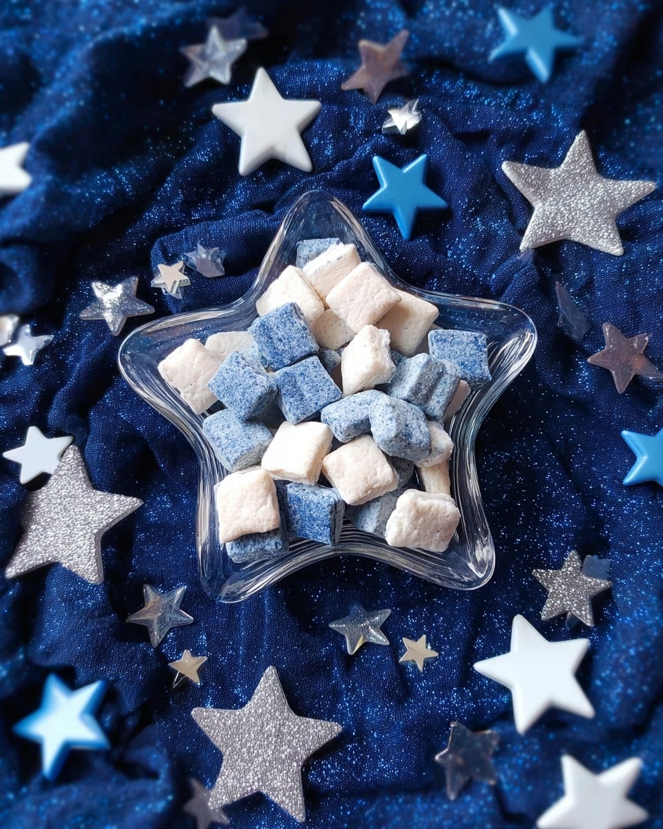 The image shows a clear star-shaped bowl filled with small square snacks in three colors: white, light blue, and darker blue. The bowl sits on a dark blue fabric textured with folds. Around the bowl, there are many glittery star decorations in silver, white, and bright blue, arranged on the fabric in different sizes and scattered loosely. The scene has a cool, festive look with a mix of shiny and matte surfaces. photo taken with an iphone --ar 4:5 --v 7
