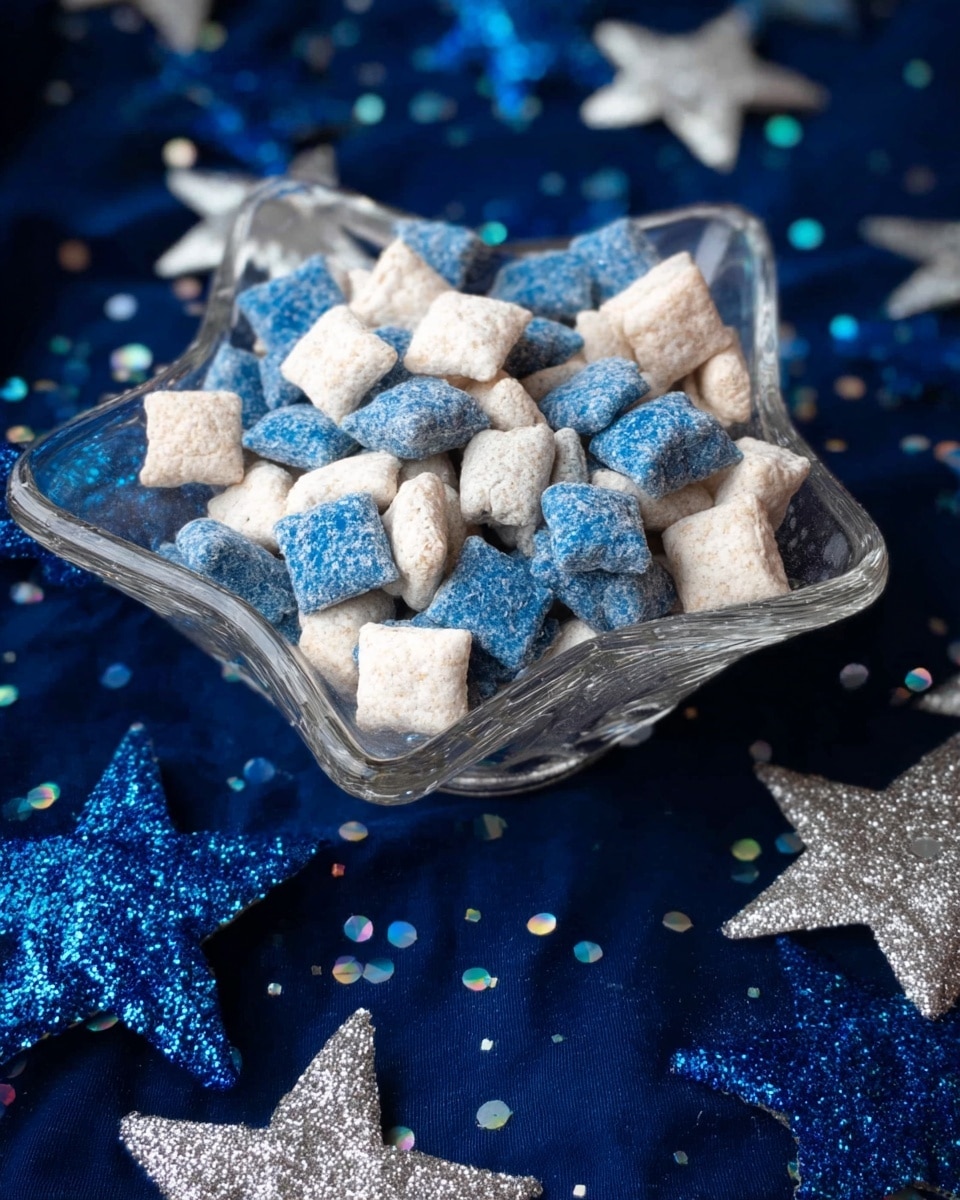 The image shows a clear star-shaped glass bowl filled with small square cereal pieces in two colors, blue and white, with a rough texture. The bowl is placed on a dark blue fabric, which is decorated with shiny glittery star shapes in silver, white, and blue, scattered around the bowl. The contrast between the bright cereal colors and the dark fabric with sparkling stars creates a festive look. photo taken with an iphone --ar 4:5 --v 7