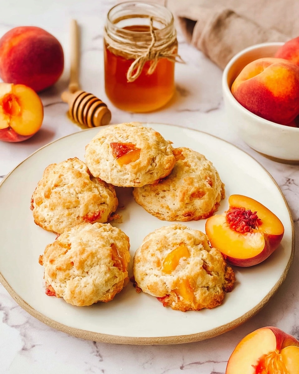 A white plate on a white marbled surface holds five round peach scones with a crumbly texture, light golden color, and visible pieces of soft peach embedded throughout each scone. One halved peach with a smooth, orange-yellow interior rests on the plate among the scones. Behind the plate, there is a glass jar full of honey tied with a small string bow, and beside the jar is a honey dipper with honey. Around the plate, a few whole peaches with red and orange skin are placed, and a white bowl partly shown holds more peaches. The scene has soft, natural lighting that highlights the warm colors and textures of the fruit and baked goods photo taken with an iphone --ar 4:5 --v 7