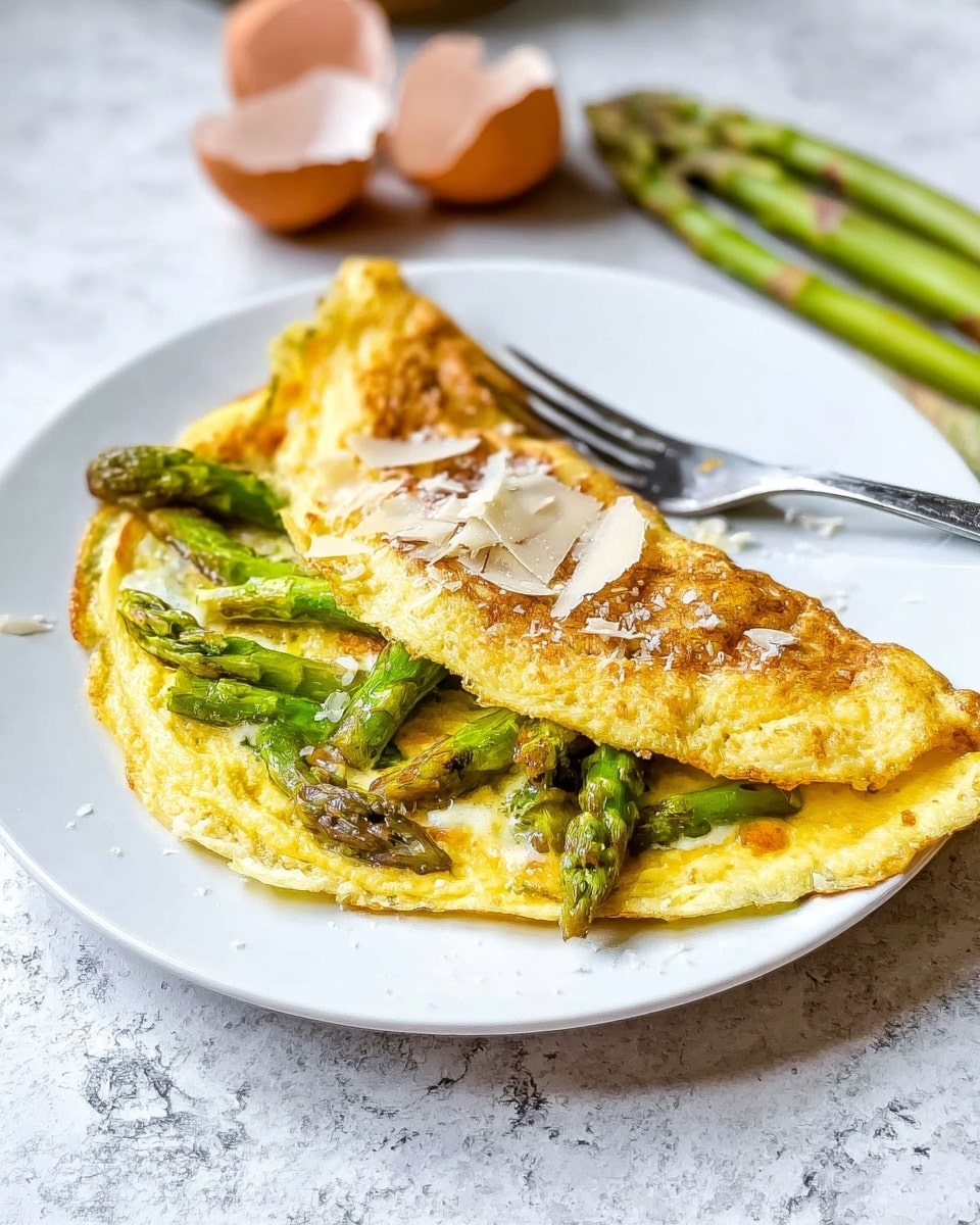 A white plate holds an omelette folded in half, with a golden-yellow top layer that is slightly crispy around the edges. On top of the omelette and between the folds are green asparagus pieces, some whole spears with a slight char and some cut into smaller segments. There is a sprinkling of white grated cheese scattered across the omelette and plate. The background is a white marbled surface. photo taken with an iphone --ar 4:5 --v 7