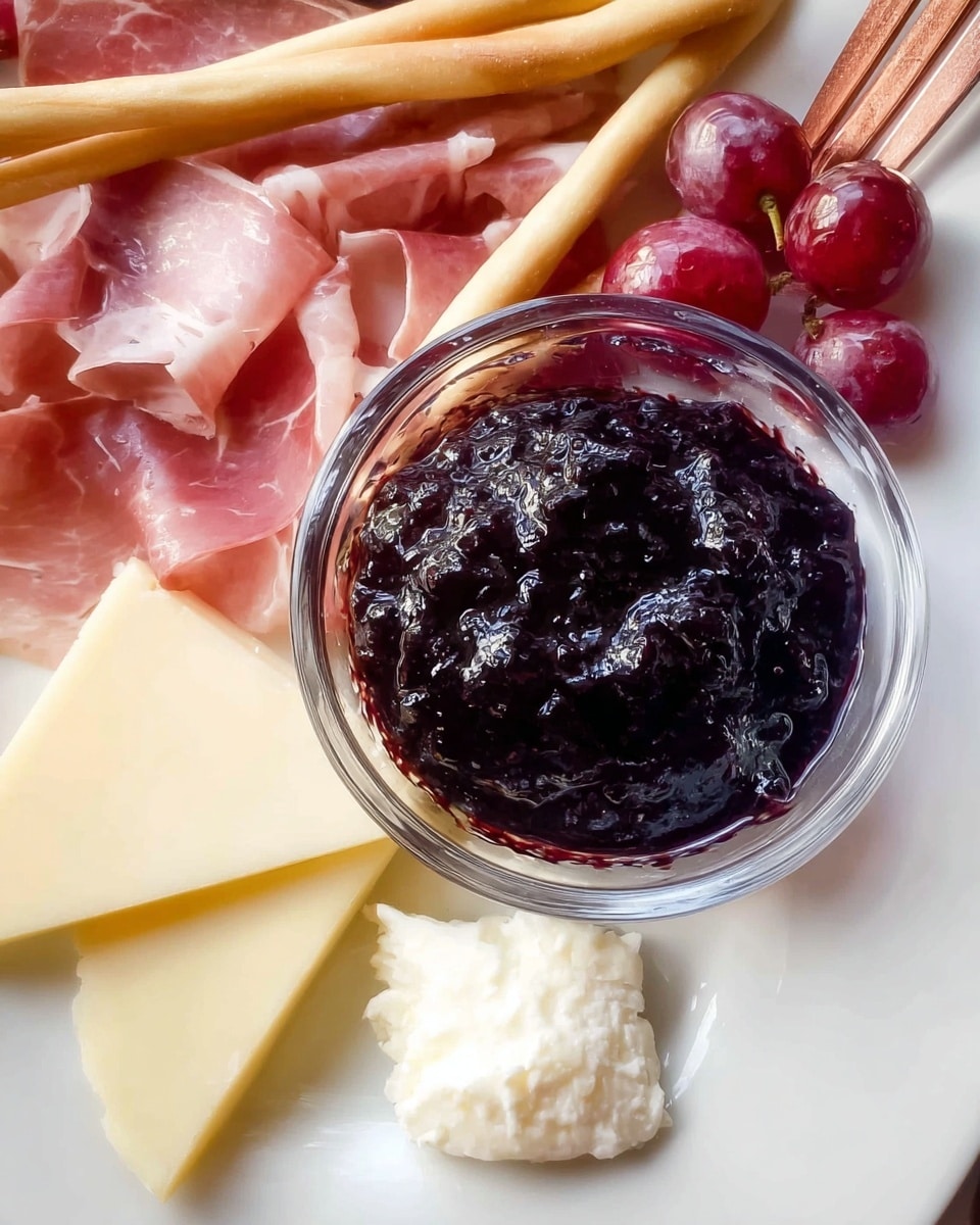 This image shows a close-up of a white plate with a small clear glass bowl in the center filled with dark purple jam that has a shiny, thick texture. To the left of the bowl, there are several thin, folded slices of pinkish cured meat with white fat streaks. Below the bowl, there are two triangular slices of pale yellow cheese with smooth surfaces and a small crack on one edge. Above the cured meat, long, thin light beige breadsticks lie diagonally across the top left corner. On the right side of the bowl, there are a few small round red grapes, a dollop of white soft cheese, and a wedge of pale yellow and cream cheese with a smooth gradient color. A copper fork with a white marble surface is partially visible in the upper right corner. Photo taken with an iphone --ar 4:5 --v 7