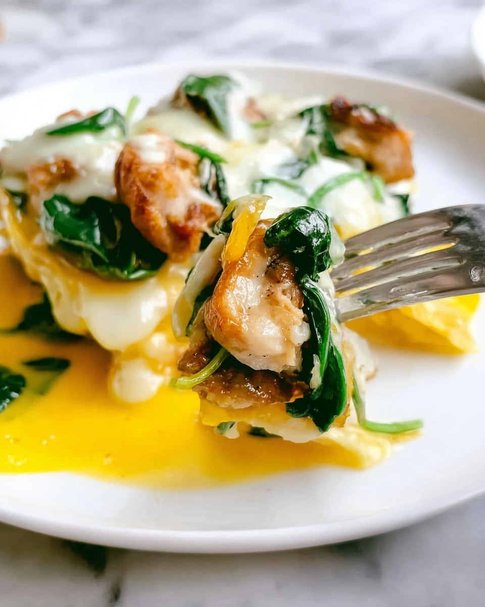 The image shows a close-up of a white plate with a layered dish featuring at least three clear layers: the bottom layer is a bright yellow sauce spread across the plate, the middle layer contains pieces of golden brown cooked meat topped with wilted green spinach leaves, and the top layer is a creamy melted white cheese draping over the meat and spinach. A silver fork is holding a bite-sized piece of the dish, highlighting the texture of the cooked meat and leafy greens. The plate sits on a white marbled surface. photo taken with an iphone --ar 4:5 --v 7