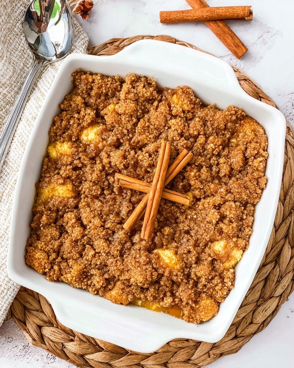 A white square baking dish filled with a baked dessert that has a thick, crumbly brown topping with visible small chunks of a golden-yellow base layer beneath it. Two whole cinnamon sticks rest on top of the dessert in the center. The baking dish sits on a round woven mat on a white marbled surface, with a silver spoon placed nearby and two extra cinnamon sticks to the side. Photo taken with an iphone --ar 4:5 --v 7