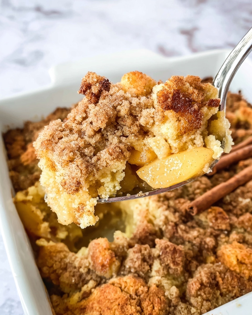 This image shows a close-up of a piece of baked apple crumble dessert being lifted with a silver spoon out of a white square baking dish. The dish is filled with a thick layer of soft, light yellow apple filling mixed with tender apple chunks that are slightly browned on the edges. The top layer is a crumbly golden-brown streusel with a grainy texture and small clumps, covering the apple mixture. Whole cinnamon sticks are visible scattered on the surface of the crumble inside the dish. The background features a white marbled texture. photo taken with an iphone --ar 4:5 --v 7
