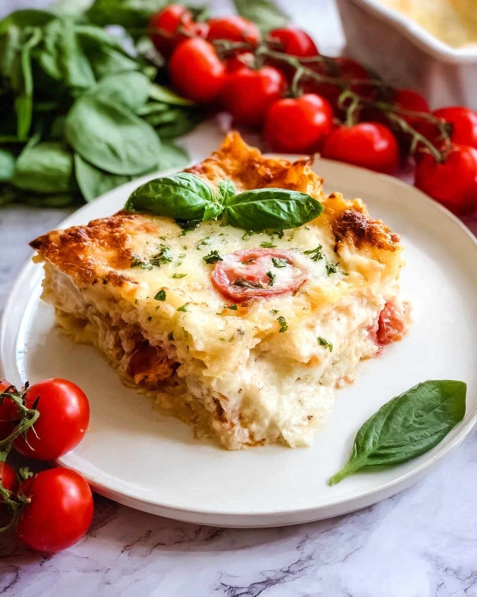 A slice of lasagna on a white plate showing three main layers: a golden brown baked crust on top with melted white cheese and a few visible herbs sprinkled across; the middle layer is creamy and soft with bits of red tomato and a fresh green basil leaf resting on top; the bottom layer is slightly visible, showing a mix of cheese and sauce with a smooth texture. The slice edges are slightly browned and the tomatoes look juicy and fresh. Surrounding the plate are fresh green spinach leaves and a bunch of ripe red cherry tomatoes on their vines, all set against a white marbled surface. Photo taken with an iphone --ar 4:5 --v 7