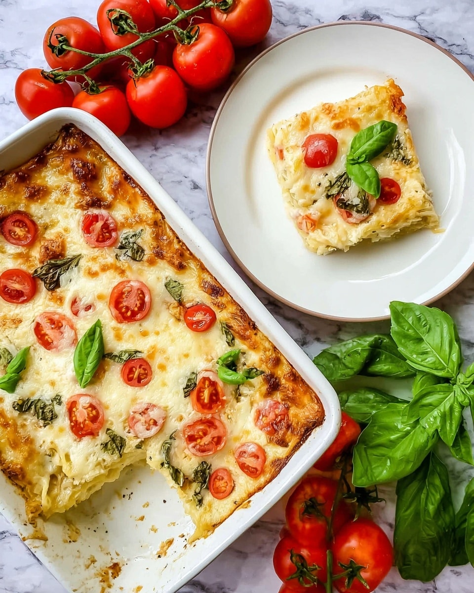 The image shows a white baking dish filled with a cheesy baked pasta casserole topped with melted white cheese, halved red cherry tomatoes, and fresh green basil leaves scattered across the surface. Next to the baking dish, there is a white round plate with one square slice of the casserole, also topped with a halved cherry tomato and a green basil leaf. The casserole has a golden-brown crust on the edges with visible layers of creamy pasta underneath. Surrounding the dishes are bunches of fresh bright red cherry tomatoes on the vine and fresh green basil leaves on a white marbled surface. photo taken with an iphone --ar 4:5 --v 7