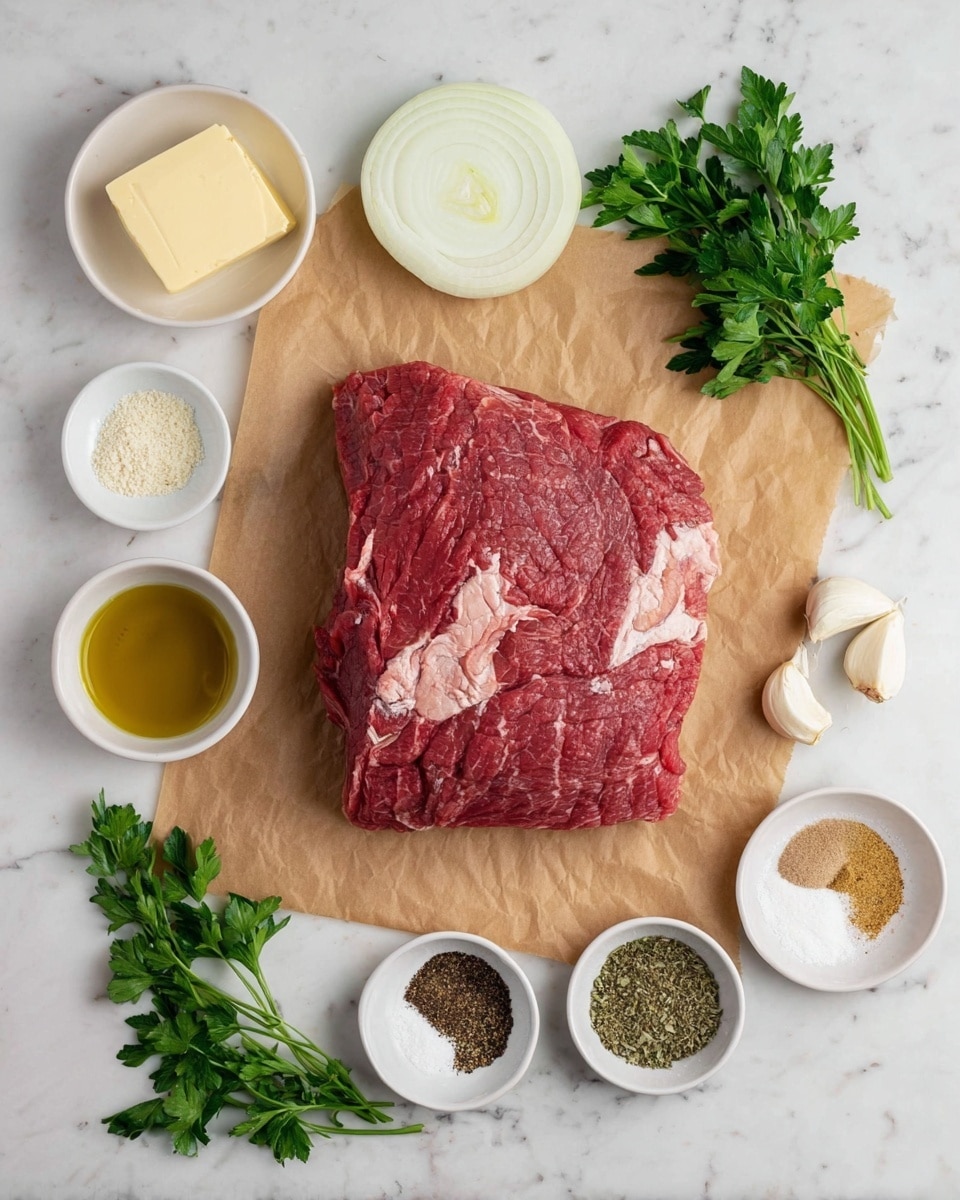 A raw piece of red meat lies flat on a brown parchment paper in the center of the image, showing a textured surface with some white fat streaks. Surrounding the meat are small white bowls containing different ingredients: a slab of light yellow butter on the left, sliced white onion rings at the bottom center, clear olive oil, brown liquid, and various dry spices with colors ranging from black pepper, dried green herbs, light beige powders, and white salt. Three whole peeled garlic cloves are placed on the white marbled surface near the top right. Fresh green parsley leaves are placed on both the top left and bottom right corners of the white marbled background. photo taken with an iphone --ar 4:5 --v 7