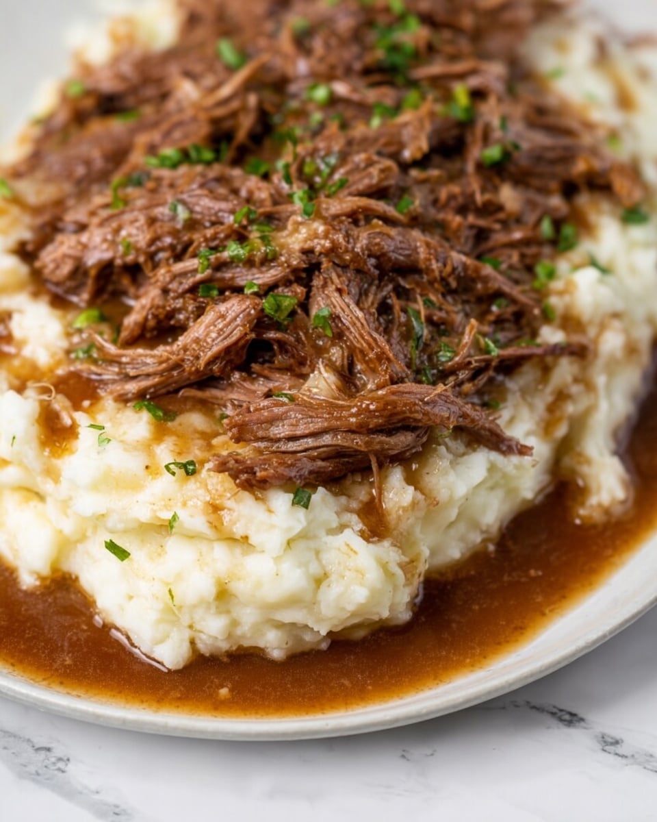The image shows a dish with two layers, served on a white plate placed on a white marbled surface. The bottom layer is creamy mashed potatoes, white in color with a smooth texture. The top layer is shredded brown meat with a slightly moist appearance, scattered evenly over the potatoes. Small bits of green herbs are sprinkled on top of the meat, adding a touch of color. Surrounding the edges is a thin layer of brown gravy that blends into the mashed potatoes. Photo taken with an iphone --ar 4:5 --v 7