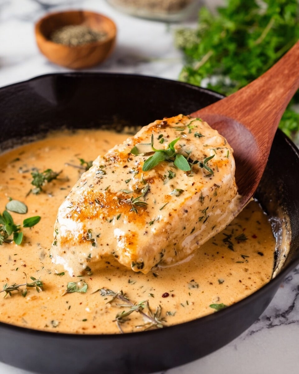 A thick, creamy sauce with a light orange color, speckled with herbs, covers a single large piece of cooked chicken breast, which has a slightly browned surface showing under the sauce. The chicken is held by a wooden spatula over a black cast iron skillet filled with the same creamy sauce. Small green leaves of fresh herbs are sprinkled on top of the chicken and sauce. The background shows a white marbled surface with a small wooden bowl containing dried herbs and a blurred bunch of fresh green herbs. Photo taken with an iphone --ar 4:5 --v 7