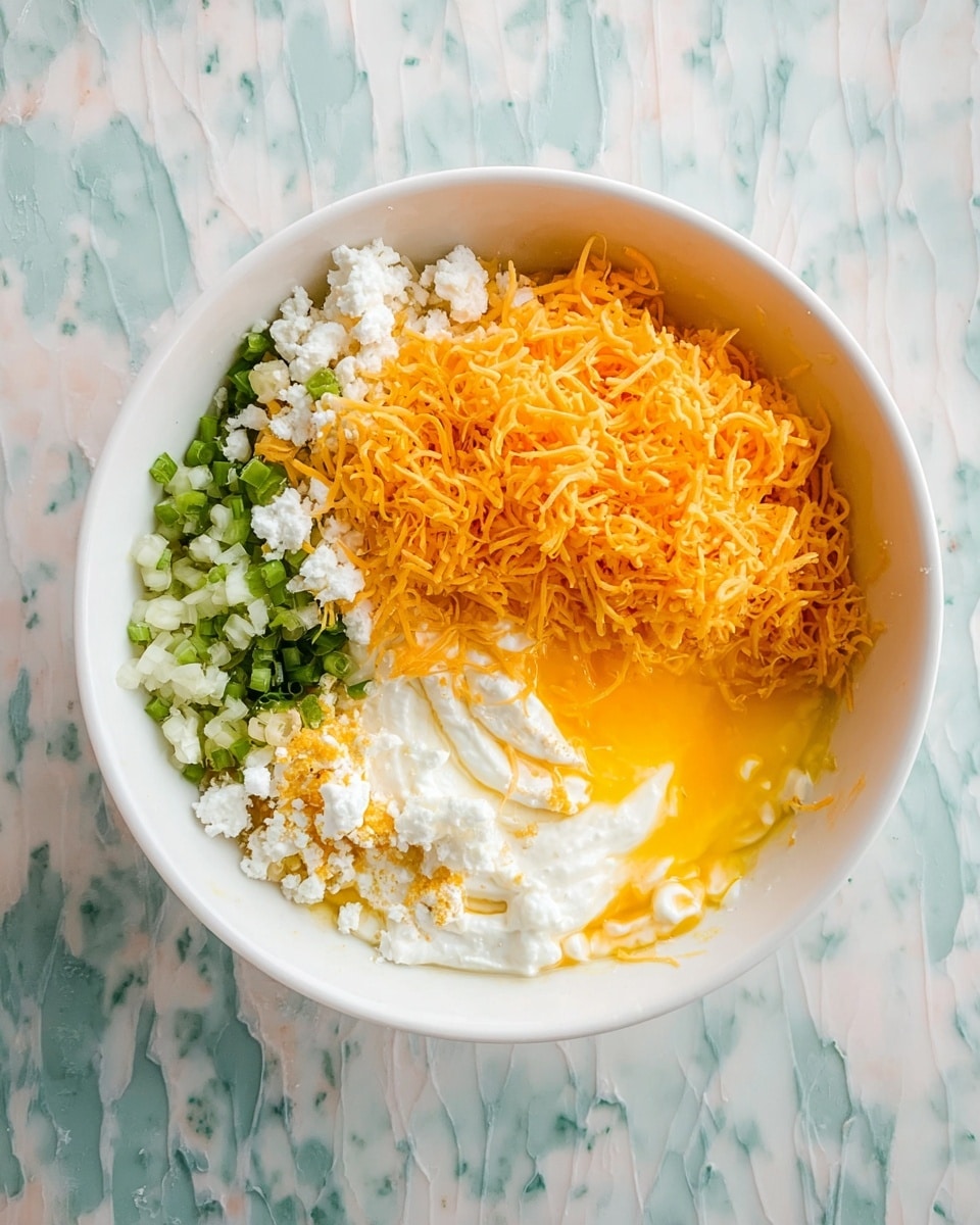 In a white bowl placed on a white marbled surface, there are six distinct layers of ingredients. On the top right, a large pile of bright orange shredded cheese sits densely. To the top left, small chopped green and white vegetables form a scattered layer. Below the vegetables, a section of crumbled white cheese is placed closely. Near the bottom center, creamy white sauce is spread smoothly in between the other layers. To the right of the sauce, a bright yellow yolk-like ingredient fills the space, slightly touching the cheese. The layers show different textures from soft and creamy to shredded and crumbled, all neatly contained in the bowl. Photo taken with an iphone --ar 4:5 --v 7