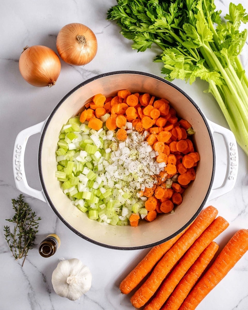 A white pot filled with three layers of chopped vegetables: a base of light green celery pieces, a middle layer of thin round orange carrot slices, and a top layer of finely chopped white onions with black pepper sprinkled on top. Around the pot, on a white marbled surface, there are whole orange carrots on the right, a bunch of fresh green parsley at the top right, bright green celery stalks at the top left, a whole light brown onion to the left, a white garlic bulb near the bottom left, and a small bottle of oregano herb lying near the bottom left corner. Photo taken with an iphone --ar 4:5 --v 7