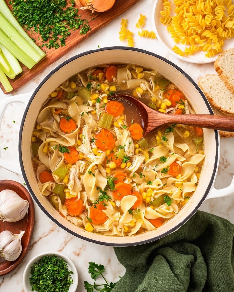 A white pot filled with a noodle soup showing three main layers: the clear broth as the base, light tan wide egg noodles floating on top with some twisted shapes, and bright orange carrot slices and yellow corn kernels scattered evenly throughout; there are also small green pieces of celery and parsley leaves adding green color on the surface. A wooden spoon with a rounded handle is dipped into the soup from the bottom right side. Around the pot on a white marbled surface, there are chopped parsley on a wooden board on the top left, celery sticks next to uncooked yellow twist noodles, a whole onion on the top right, pieces of torn bread on a wooden plate on the bottom right, a garlic bulb below the pot, and an open white bowl with dried herbs. A green cloth napkin is partially visible on the bottom left. Photo taken with an iphone --ar 4:5 --v 7