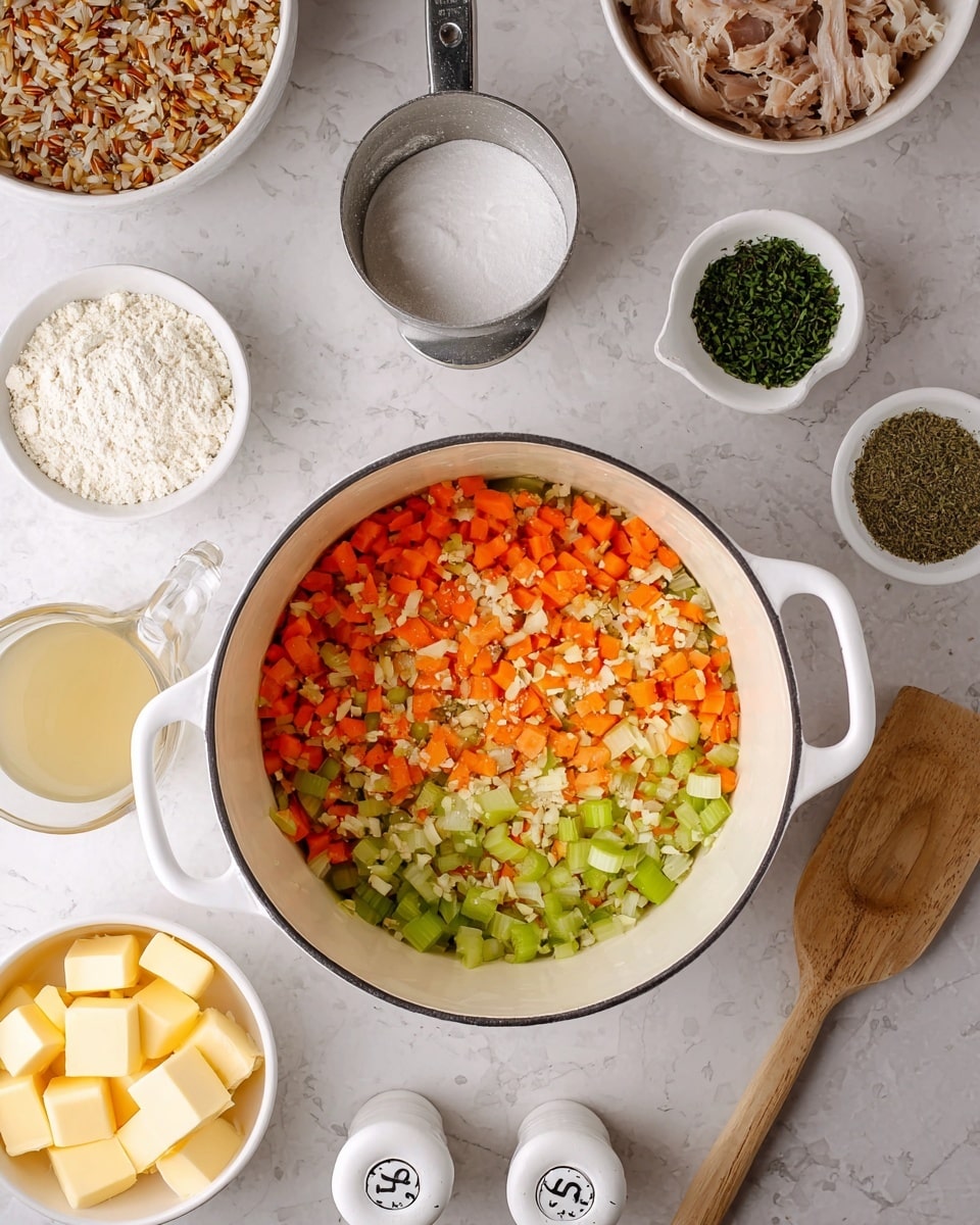A top view shows a white pot in the center filled with three layers of cooked chopped vegetables. The bottom layer is orange carrot pieces, above them are green celery pieces, and on top, there are small white bits of minced garlic. Surrounding the pot on a white marbled surface are several small white bowls and containers holding various ingredients: a bowl with mixed brown and white rice at the top left, a metal measuring cup with white flour next to it, a small white dish with a light brown liquid above the pot, a bowl with green dried herbs or seasoning to the right, and a bowl with shredded light-colored meat at the top right. At the bottom left are a small bowl with yellow butter cubes and white salt and pepper shakers marked
