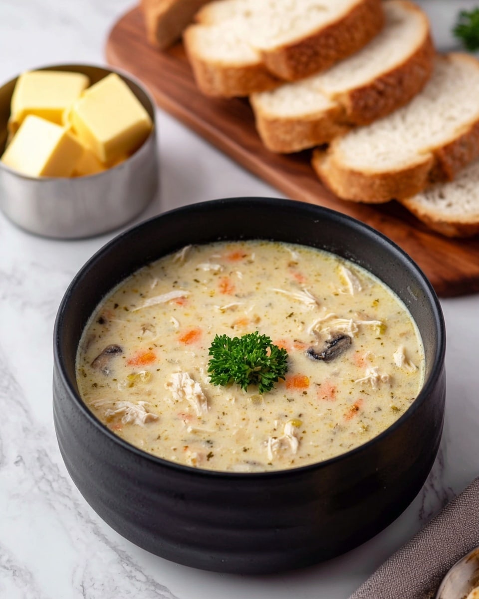 A black round bowl filled with creamy soup that has visible small pieces of orange carrot, white shredded chicken, and tiny dark bits of herbs or mushrooms, garnished with a small green parsley sprig in the center. In the background, there is a wooden board with several slices of light brown bread and a small metal cup filled with yellow butter cubes. The scene is set on a white marbled surface. Photo taken with an iphone --ar 4:5 --v 7