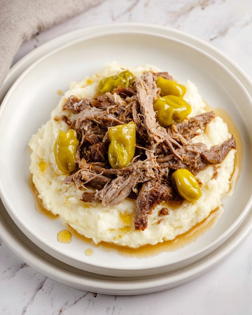 A dish with two layers is shown on a white plate placed over another white plate, all resting on a white marbled surface. The bottom layer is smooth white mashed potatoes spread evenly in a rounded shape. On top of this is a serving of shredded brown meat with a moist texture, scattered across the mashed potatoes. Several small, light greenish-yellow peppers with a glossy surface are placed among the shredded meat, adding color contrast. The whole dish has a slightly shiny, fresh look with a few drops of juice around the food. Photo taken with an iphone --ar 4:5 --v 7