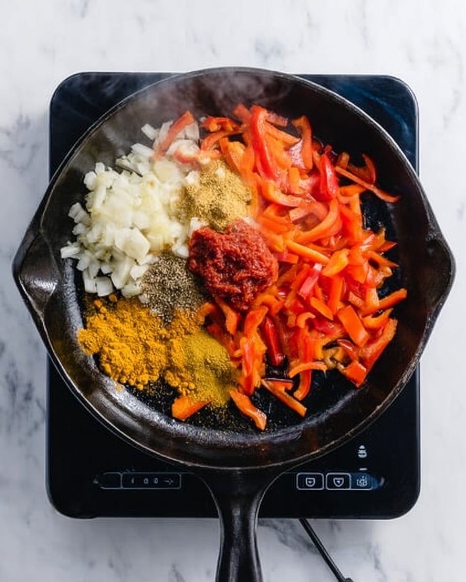 A black cast iron pan sits on an electric stove with a white marbled background. Inside the pan, there are roughly chopped orange and red bell pepper strips, small diced white onions, a heap of creamy yellow minced garlic in one section, two piles of spices—one golden yellow and one brown—and a dollop of bright red tomato paste. The ingredients are spread out but still close together, showing texture contrasts between soft peppers, grainy spices, and thick tomato paste. Steam rises gently from the pan. Photo taken with an iphone --ar 4:5 --v 7
