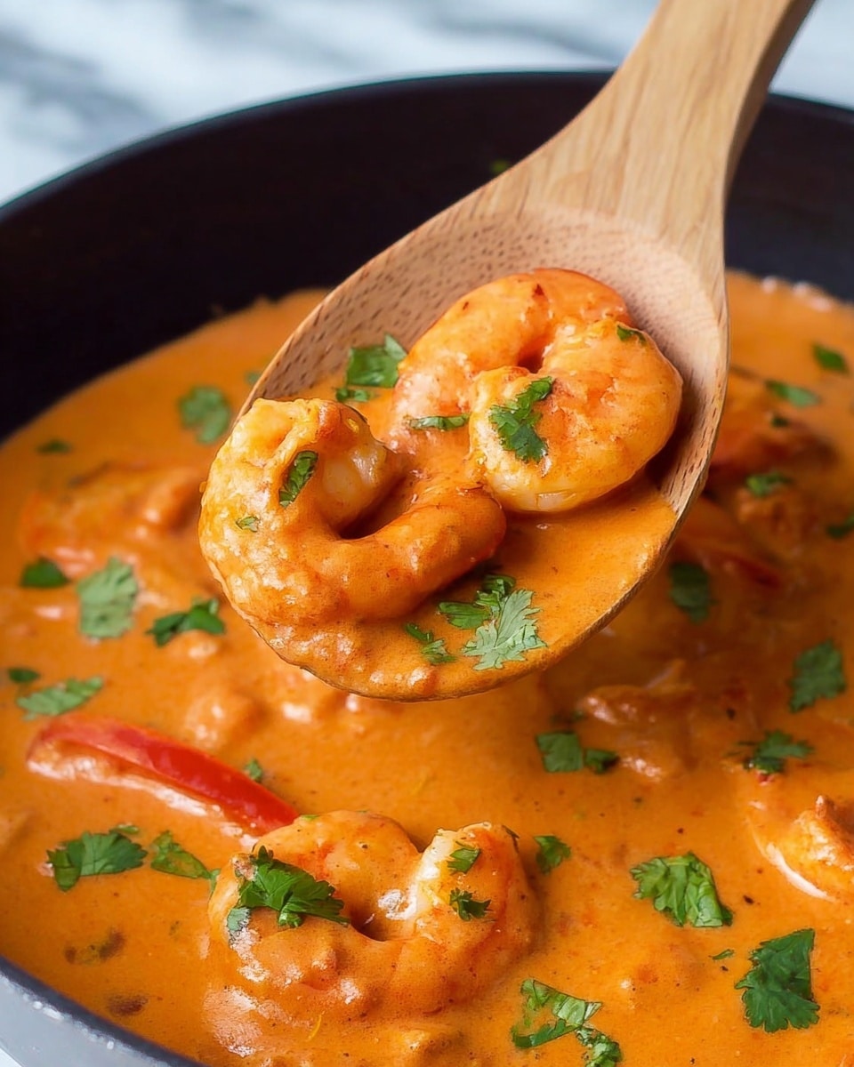 A wooden spoon holds two large orange shrimp covered in a thick, smooth orange sauce, garnished with small green cilantro leaves. The shrimp have a slightly shiny texture and a curved shape, with a red bell pepper strip under them. The background shows more of the creamy orange sauce with scattered cilantro leaves in a black pot, all set on a white marbled surface. photo taken with an iphone --ar 4:5 --v 7