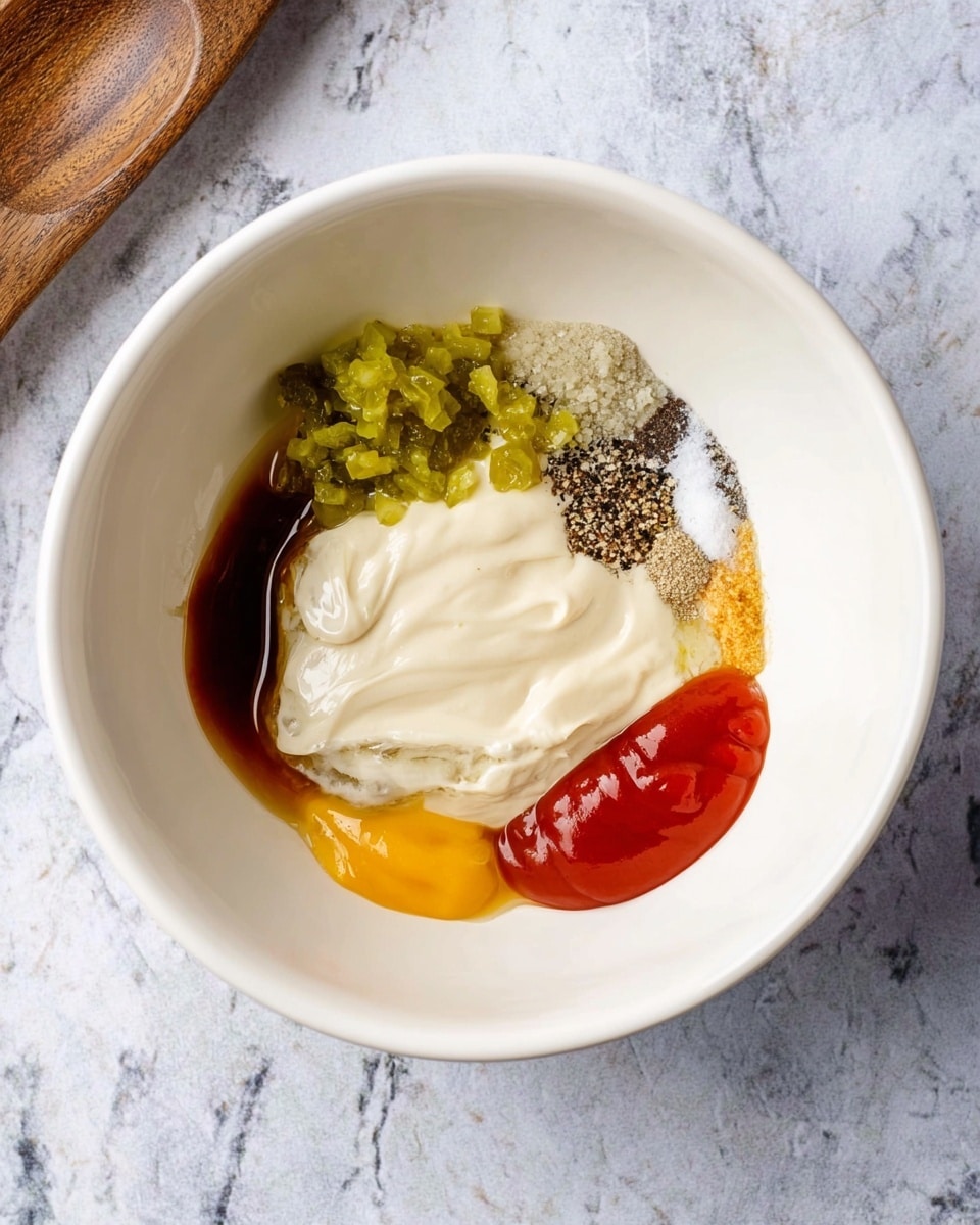 In a white bowl placed on a white marbled surface, there are six different layers of ingredients before mixing. The biggest layer is a thick, smooth, off-white creamy base spread around the center. On top of and around this creamy layer, there is a small amount of chopped green pickles on the left, a pile of black pepper and salt near the top, a dark reddish-brown liquid on the right, bright yellow mustard near the bottom left, and a dollop of bright red ketchup at the bottom right. The ingredients sit separately, showing clear differences in color and texture. Photo taken with an iphone --ar 4:5 --v 7