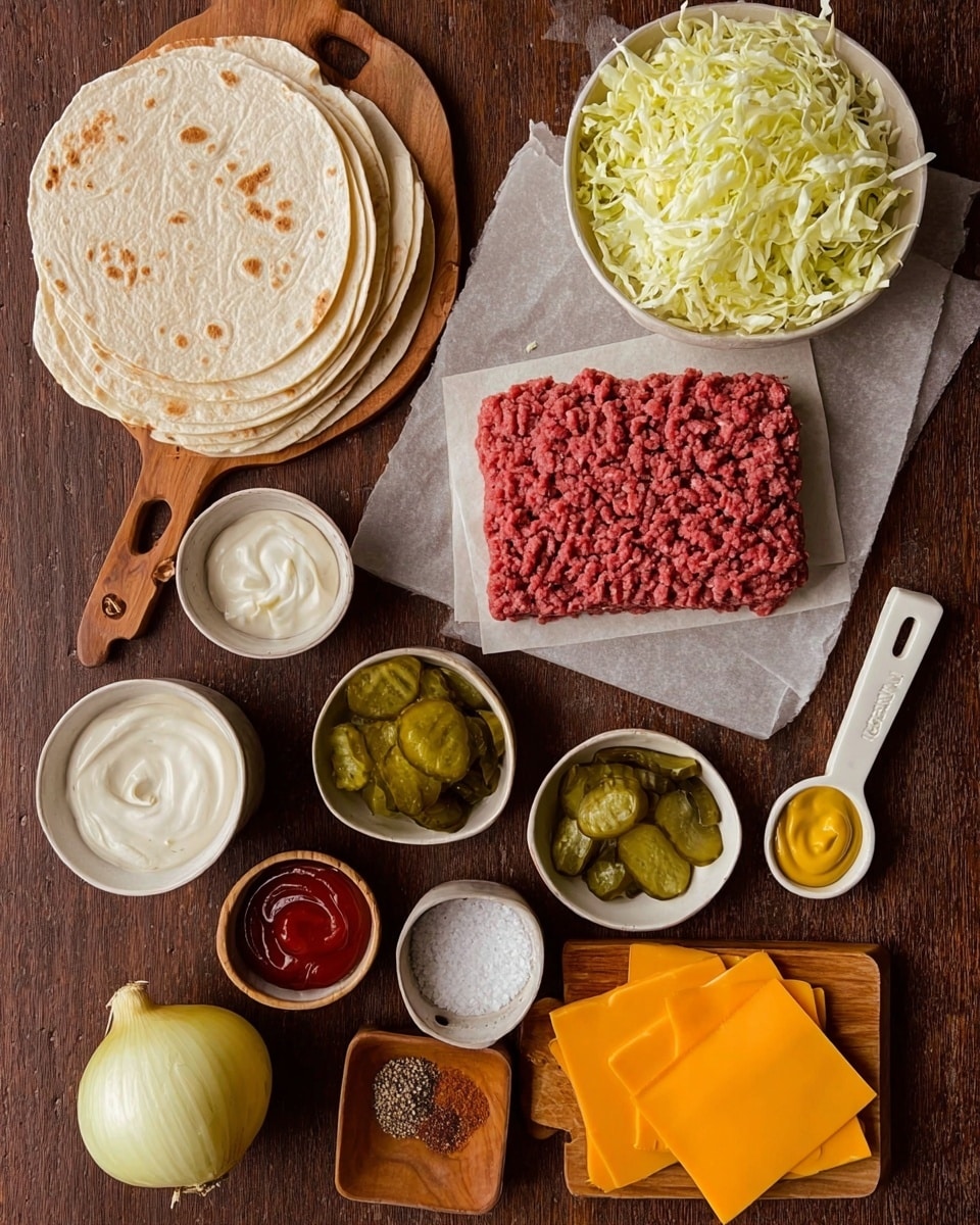 The image shows ingredients for a burger or taco spread out on a brown surface. There are three light beige tortillas layered on the top left side next to shredded pale yellow cabbage on a cutting board. Below to the middle is a rectangular block of fresh red ground beef on white paper over brown paper. Around it are small bowls and dishes with toppings: a white bowl with white sauce, a white dish with chopped green pickles, a small white measuring spoon with mustard, a small white bowl with ketchup, a round bowl with yellow mustard, and a wooden square bowl holding white salt, black pepper, and reddish-brown spice. To the lower right are three slices of bright orange cheddar cheese, and to the left is a single whole yellow onion. The whole scene is set on a brown countertop. photo taken with an iphone --ar 4:5 --v 7