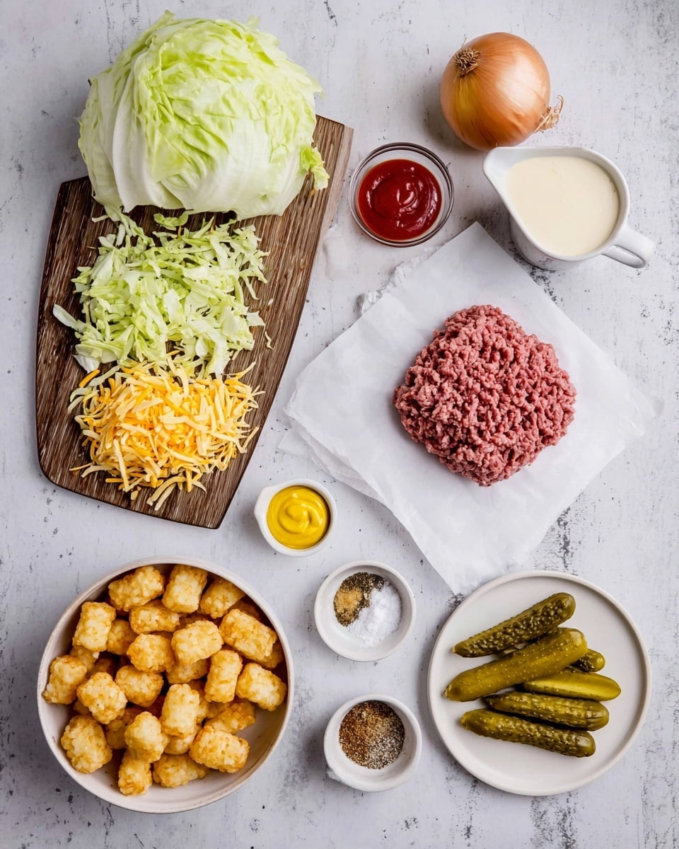 The image shows ingredients arranged on a white marbled surface. In the top left, a wooden cutting board holds a whole head of iceberg lettuce, shredded lettuce, and a pile of shredded yellow cheese. Below the board, there is a peeled brown onion and a small white bowl with red sauce. At the center of the image, raw ground meat sits on white parchment paper. Surrounding it are small white bowls containing yellow mustard, sesame seeds, garlic powder, and a mix of black pepper, red chili powder, and salt. In the lower left, a white bowl is filled with golden tater tots, and to the right, a white plate holds three whole pickles. At the top right corner, there's a white measuring cup filled with mayonnaise. Photo taken with an iphone --ar 4:5 --v 7