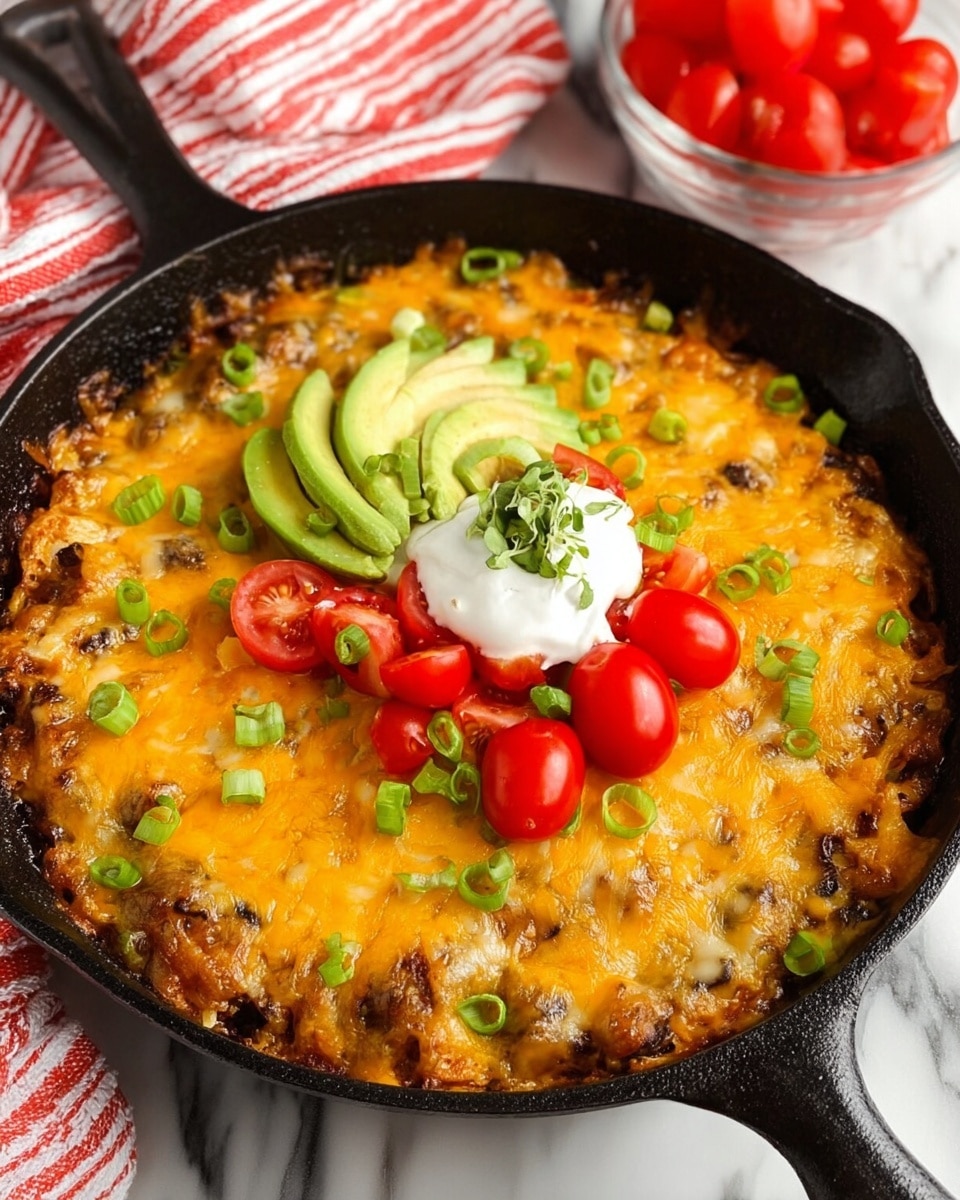 A black cast iron pan filled with a layered baked dish topped with melted golden-yellow cheese mixed with scattered small green slices of scallions. In the center, there is a cluster of fresh toppings including two slices of green avocado, several halves of red cherry tomatoes, a dollop of white sour cream underneath, and a small green herb garnish on top. The dish rests on a white marbled surface with a red and white striped cloth in the background, along with a glass bowl full of cherry tomatoes on the side photo taken with an iphone --ar 4:5 --v 7