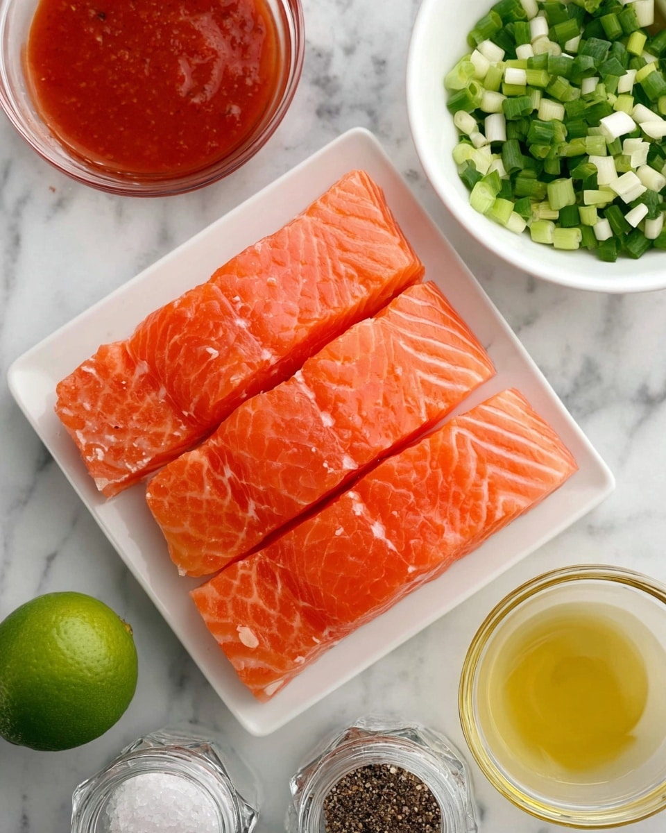 Three raw salmon fillets with bright orange color and visible white fat lines are placed side by side on a white square plate. Above the plate, there is a white bowl filled with chopped green onions showing fresh green and white rings. To the right, there are two clear glass bowls, one with a thick red sauce and the other with a light yellow oil. Below the plate, a whole green lime is visible next to two small clear glass shakers, one with black pepper and the other with salt. All items rest on a white marbled surface. photo taken with an iphone --ar 4:5 --v 7